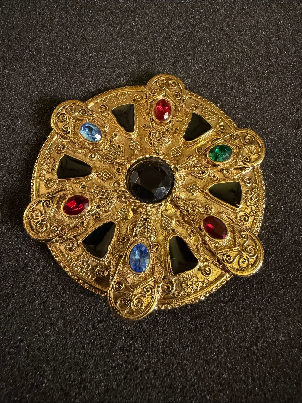 Vintage Round Gold Moghul Statement Brooch With Multicolored Stones